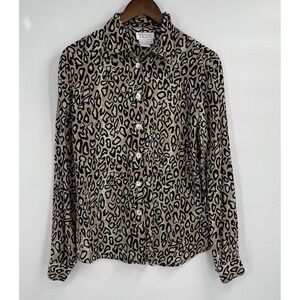 TESS Size M Silk Button Down Blouse Womens Tan Leopard Print Excellent Collared